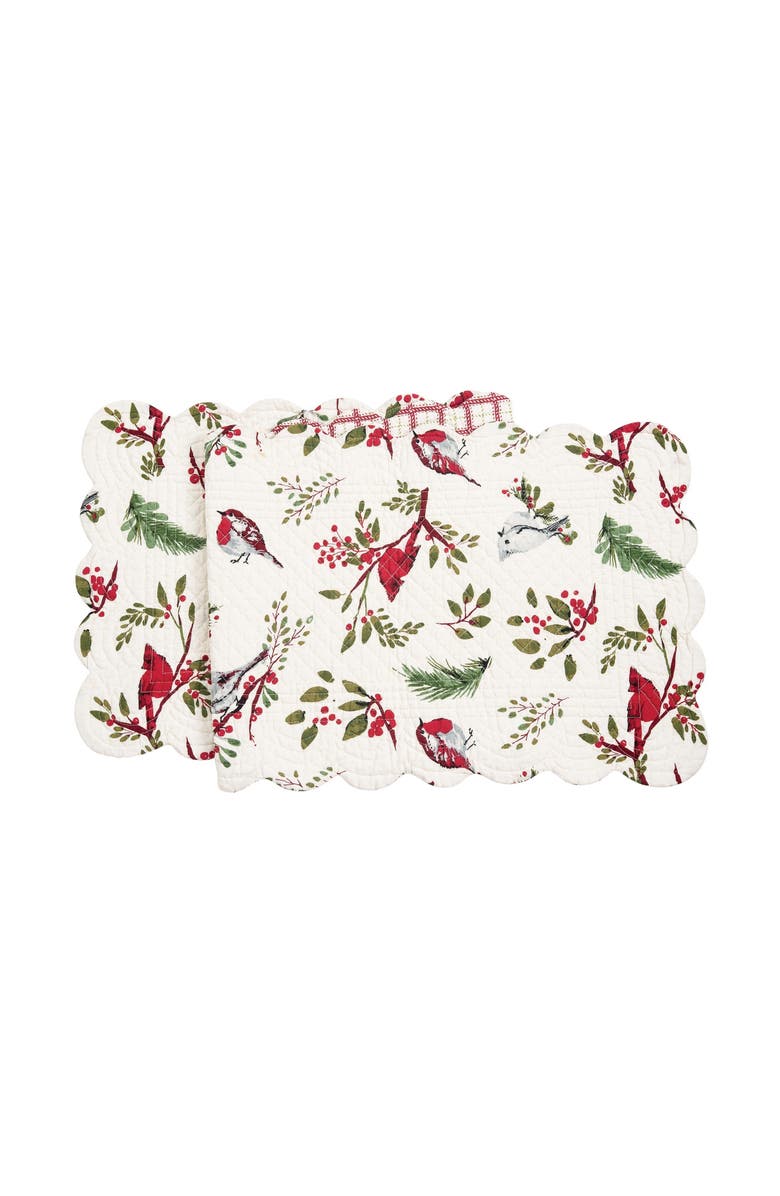 C&F Home Sprig Chickadees & Red Cardinals 100% Cotton Quilted Christmas Table Runner XMAS 14" x 51", Main, color, White