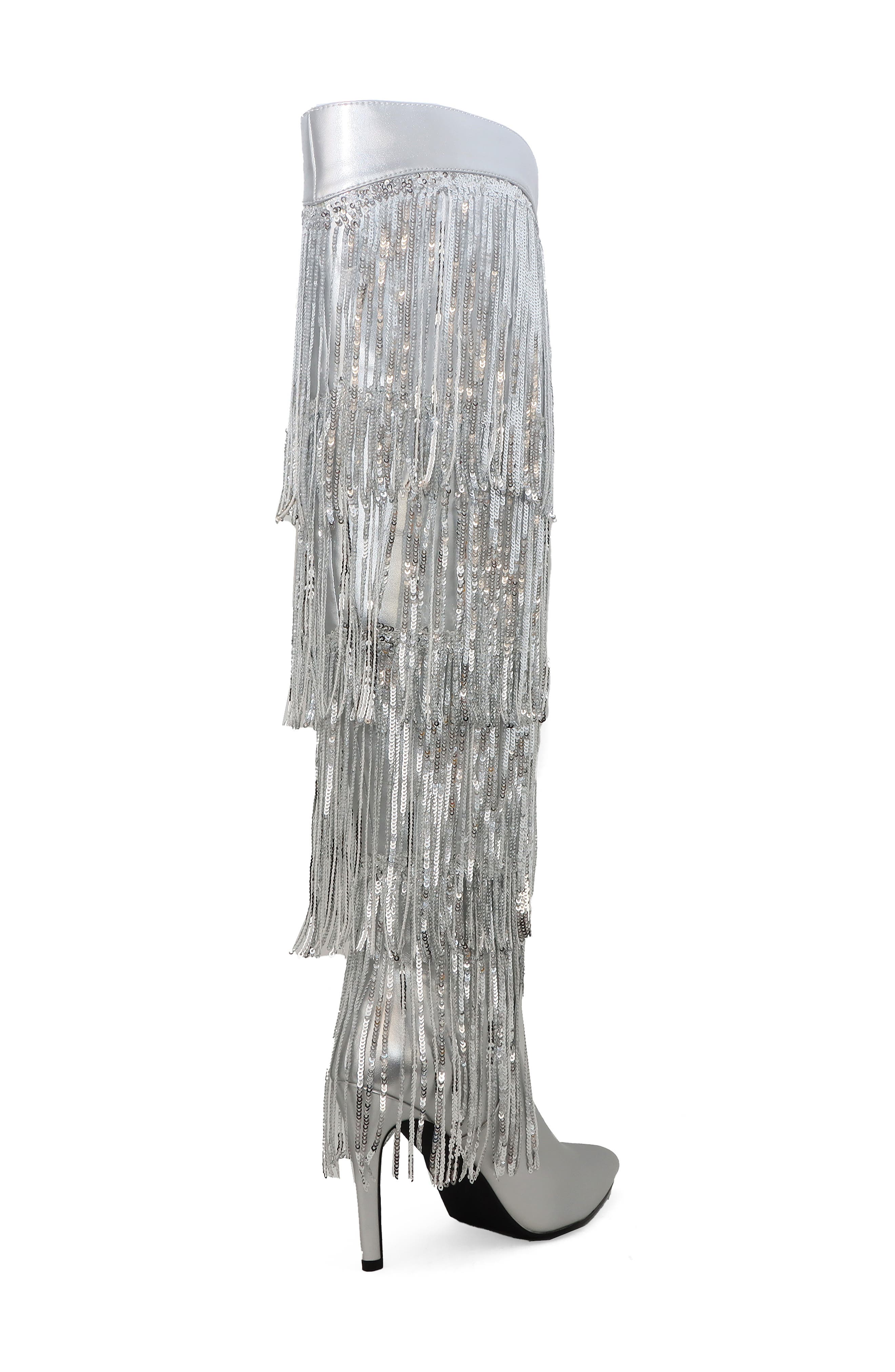 YOKI Nayla Sequin Fringe Knee High Boot, Alternate, color, Silver