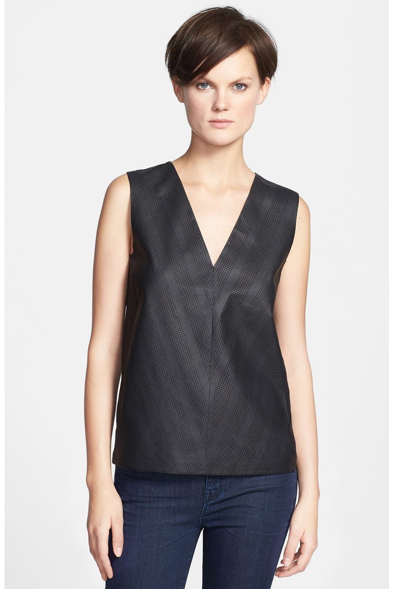 Chevron Perforated Leather V-Neck Shirt, Main, color, BLACK