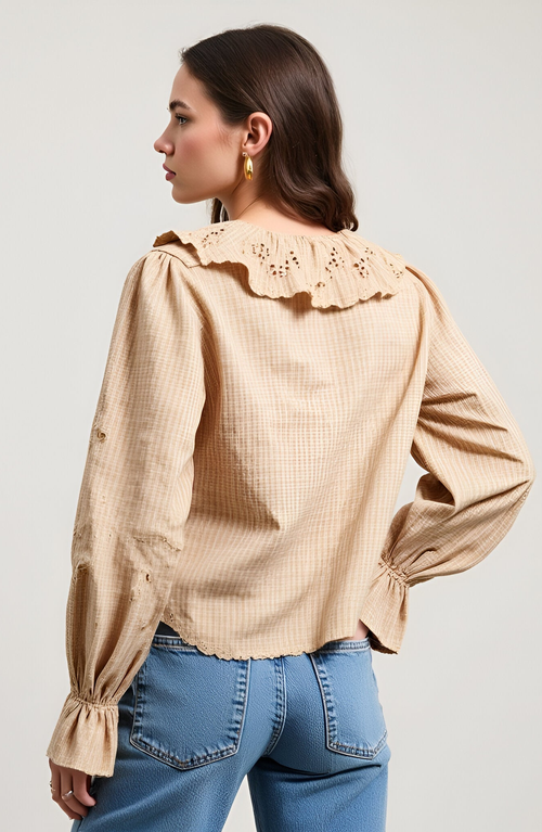 Modenaire Embroidered Scallop Trim Ruffle Collar Long Sleeve Blouse In Brown