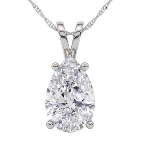 4Ct Solitaire Pear Shape Diamond Pendant Lab Grown 14k Gold 18" Necklace