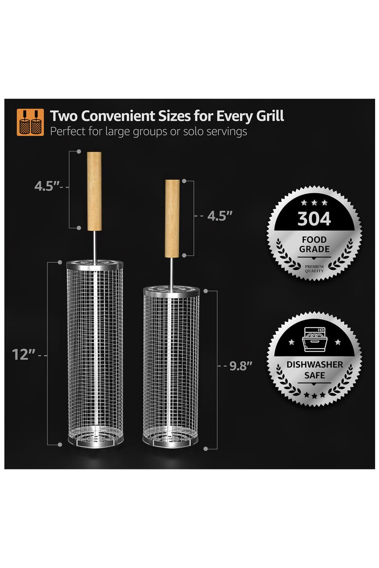 Set of 2 Stainless Steel Rolling Grill Baskets, Alternate, color, SILVER