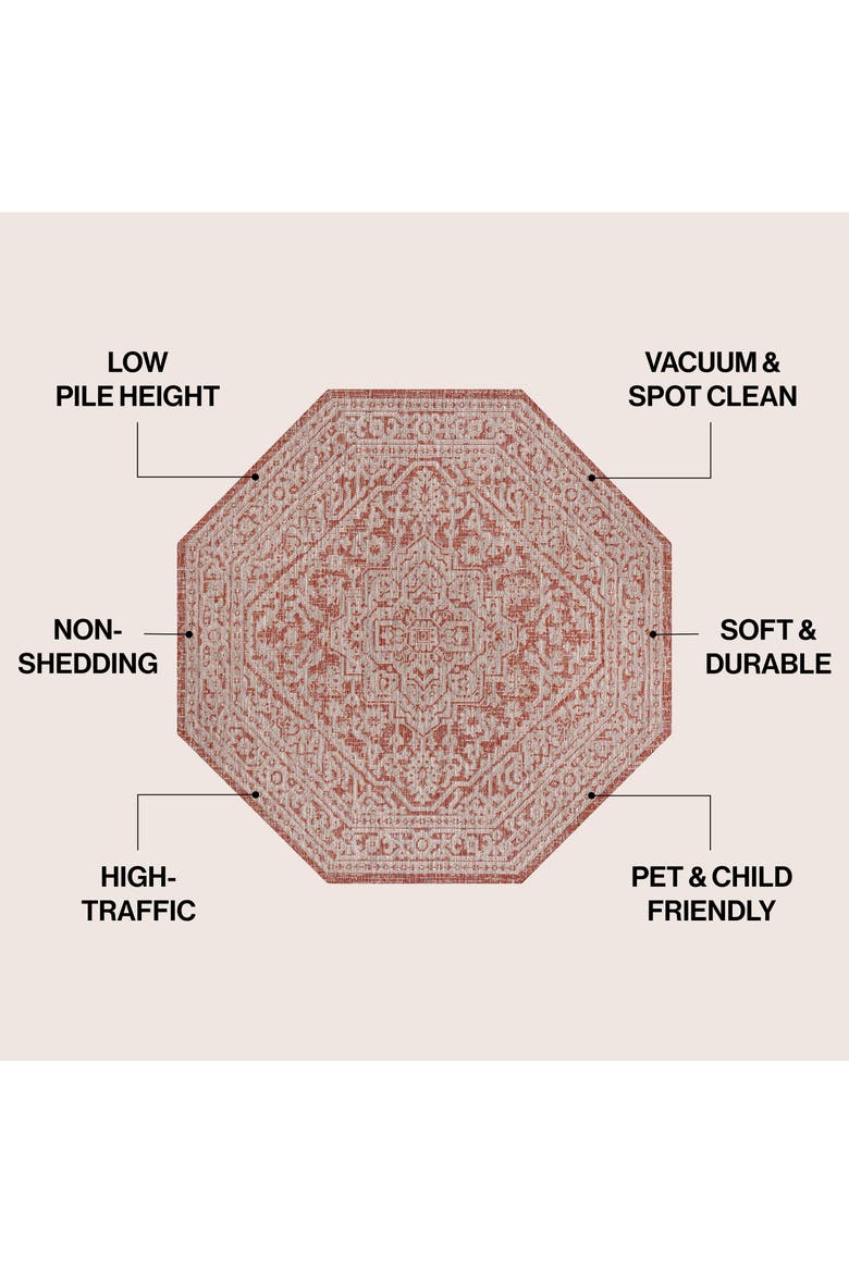 Sinjuri Medallion Textured Weave Octagon Indoor/Outdoor Area Rug, Alternate, color, Red/Taupe