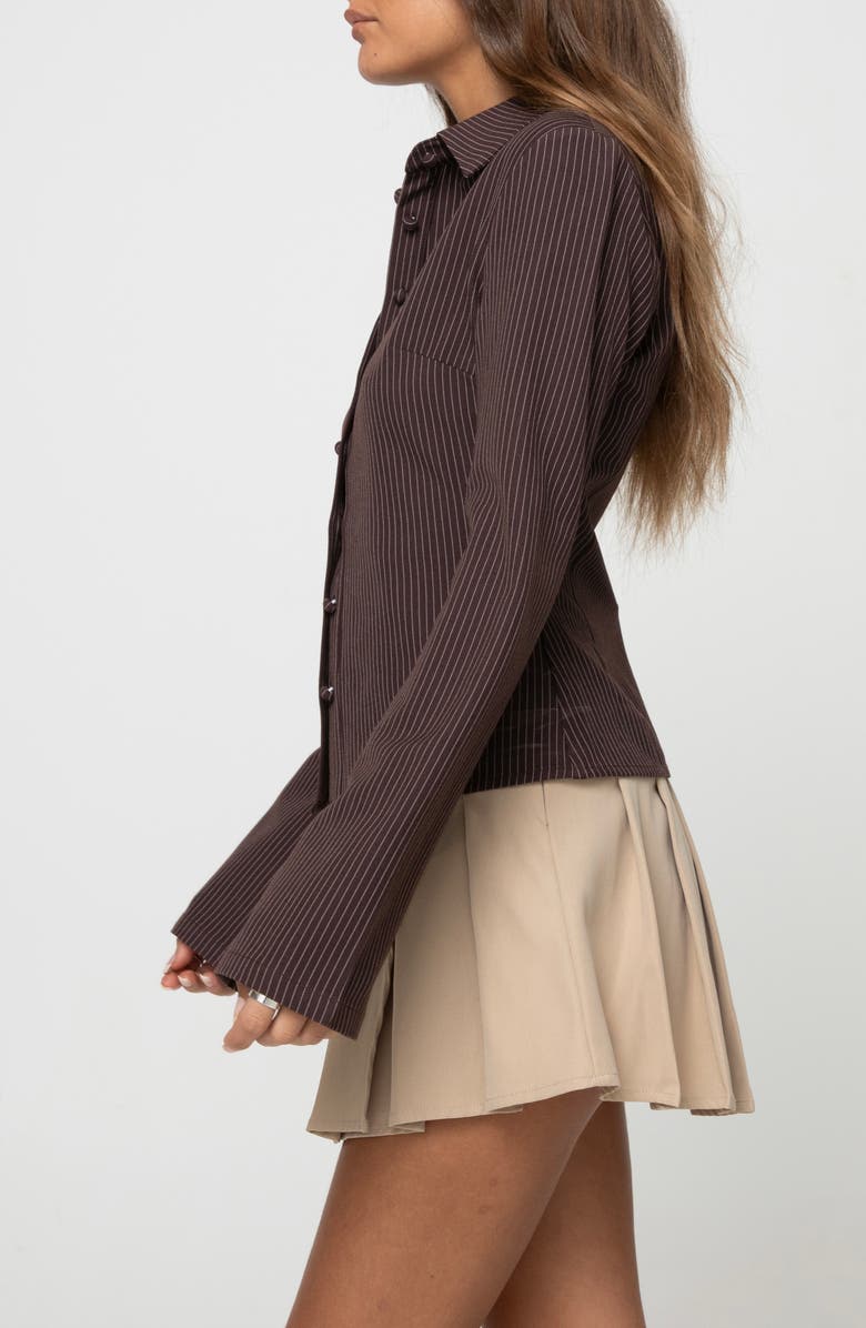 Princess Polly Anni Pinstripe Button-Up Shirt, Alternate, color, Brown