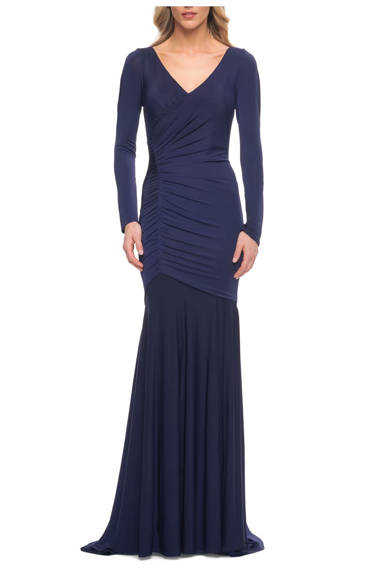 La Femme Ruched Jersey Evening Gown with Long Sleeves, Main, color, Navy