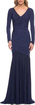 La Femme Ruched Jersey Evening Gown with Long Sleeves