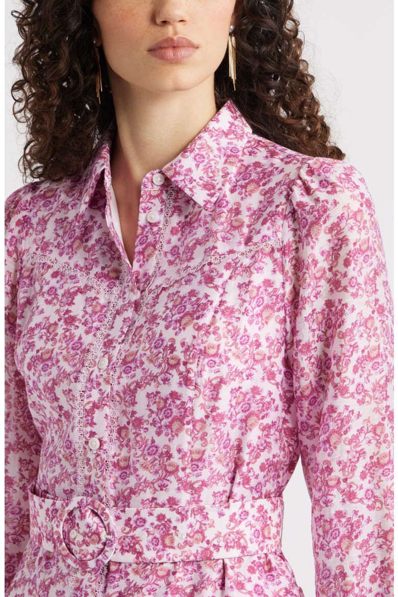 Lace Trim Belted Long Sleeve Mini Shirtdress, Alternate, color, MAGENTA SAVANNAH MEDALLION