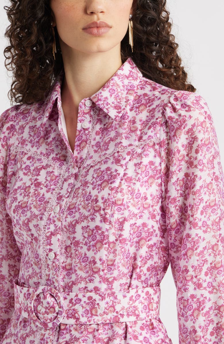 Chelsea28 Lace Trim Belted Long Sleeve Mini Shirtdress, Alternate, color, Magenta Savannah Medallion