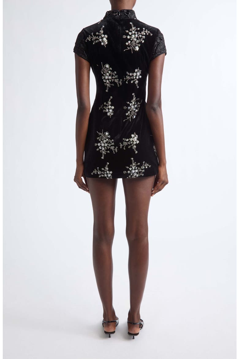 Haylee Beaded Lace Trim Velvet Qipao Minidress, Alternate, color, BLACK