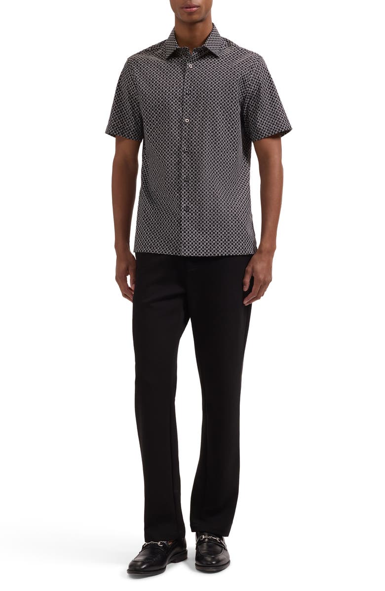 Bugatchi Vero Shaped Fit Geometric Print Short Sleeve Button-Up Shirt, Alternate, color, Black