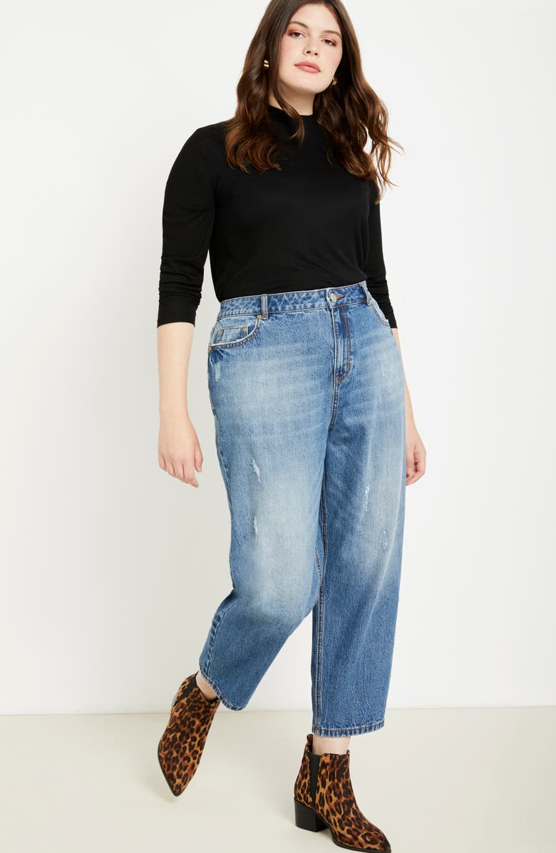 ELOQUII Distressed Nonstretch Mom Jeans, Alternate, color,