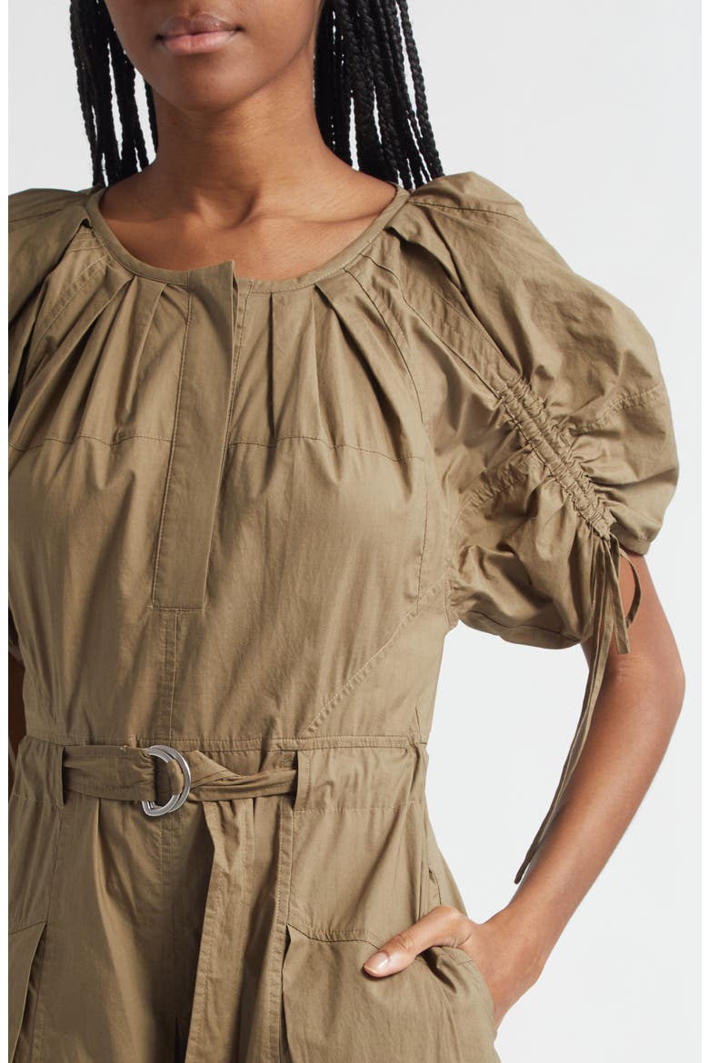 Puff Drawstring Sleeve Cotton Midi Dress, Alternate, color, CAPER