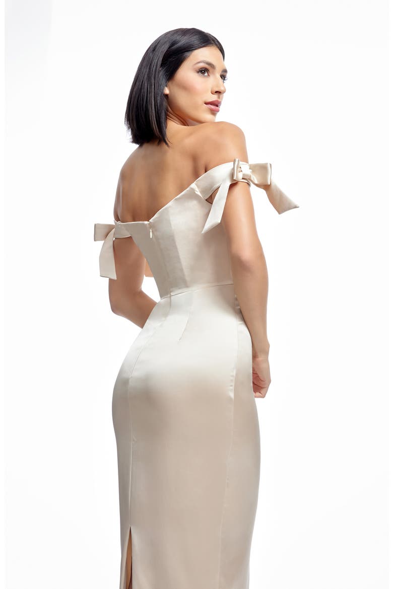 Verona Off the Shoulder Satin Midi Cocktail Dress, Alternate, color, CHAMPAGNE