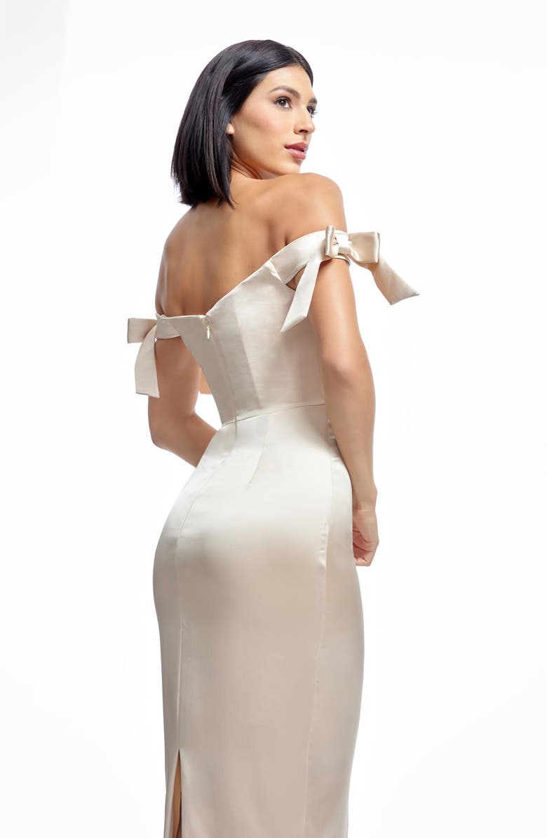 Dress the Population Verona Off the Shoulder Satin Midi Cocktail Dress, Alternate, color, Champagne