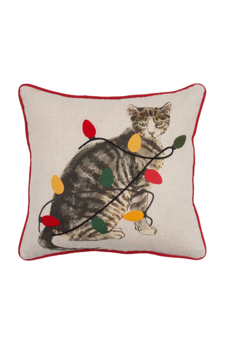 Naughty Kitty with Light Bulbs Piped Lumbar Throw Pillow 18" x 18", Main, color, Red