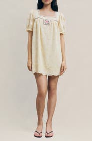 MAUDE CLUB Odette Floral Appliqué Mini Babydoll Dress