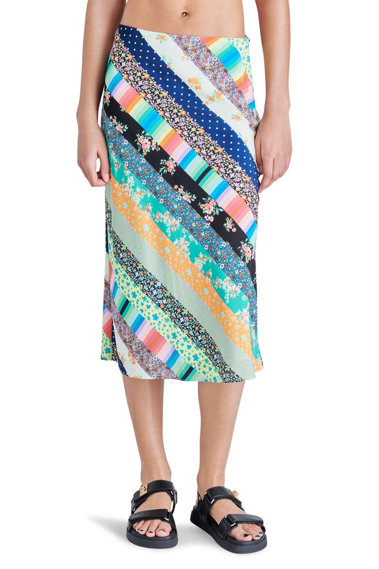 Mindy Patchwork Stripe Midi Skirt, Main, color, GREEN STRIPE MULTI