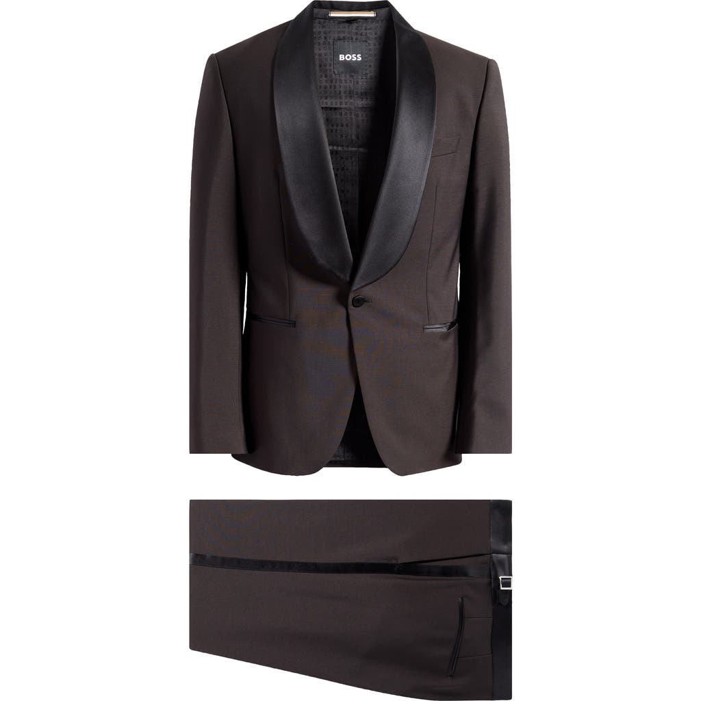 Hugo Boss Boss Huge Shawl Collar Dark Brown Wool & Mohair Tuxedo In Brown