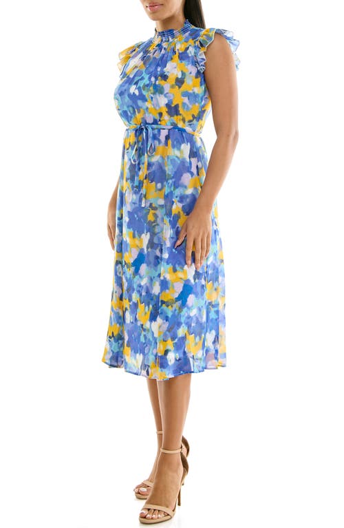 Nina Leonard Smock Chiffon Midi Dress In Blue Violet Multi