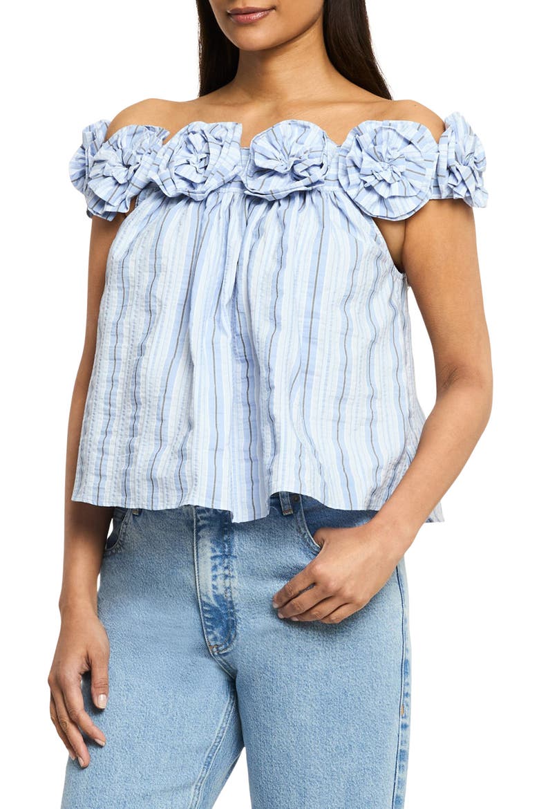 Kelsey Off the Shoulder Cotton Blend Seersucker Top, Main, color, BLUE MULTI