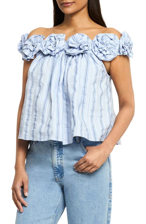Kelsey Off the Shoulder Cotton Blend Seersucker Top