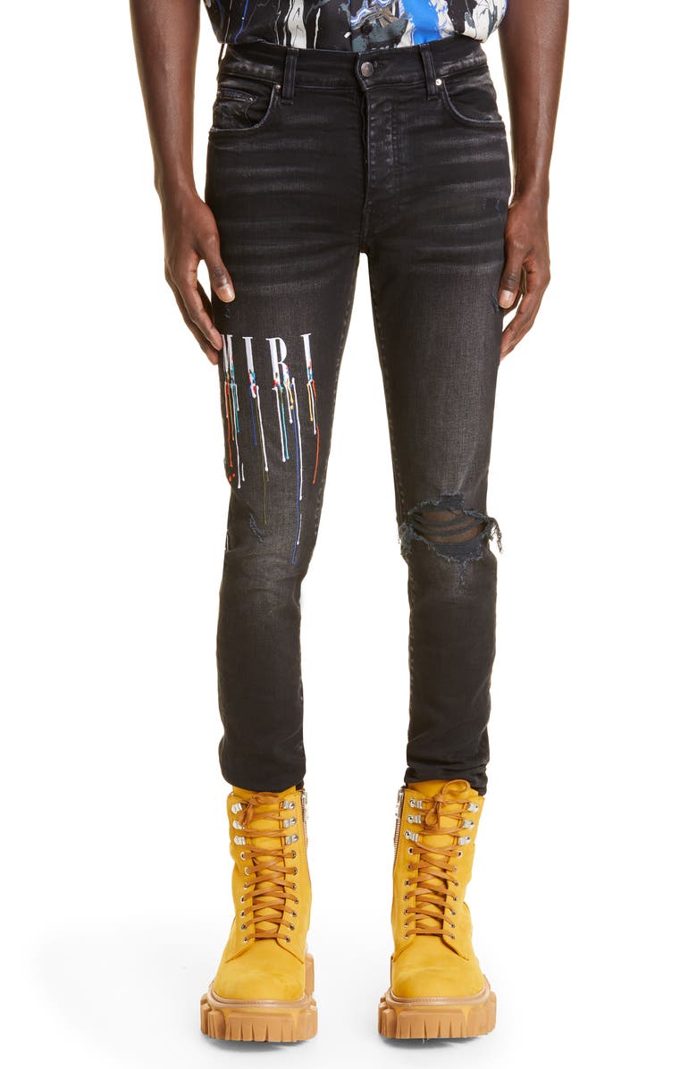 AMIRI Paint Drip Logo Ripped Skinny Jeans, Main, color, 