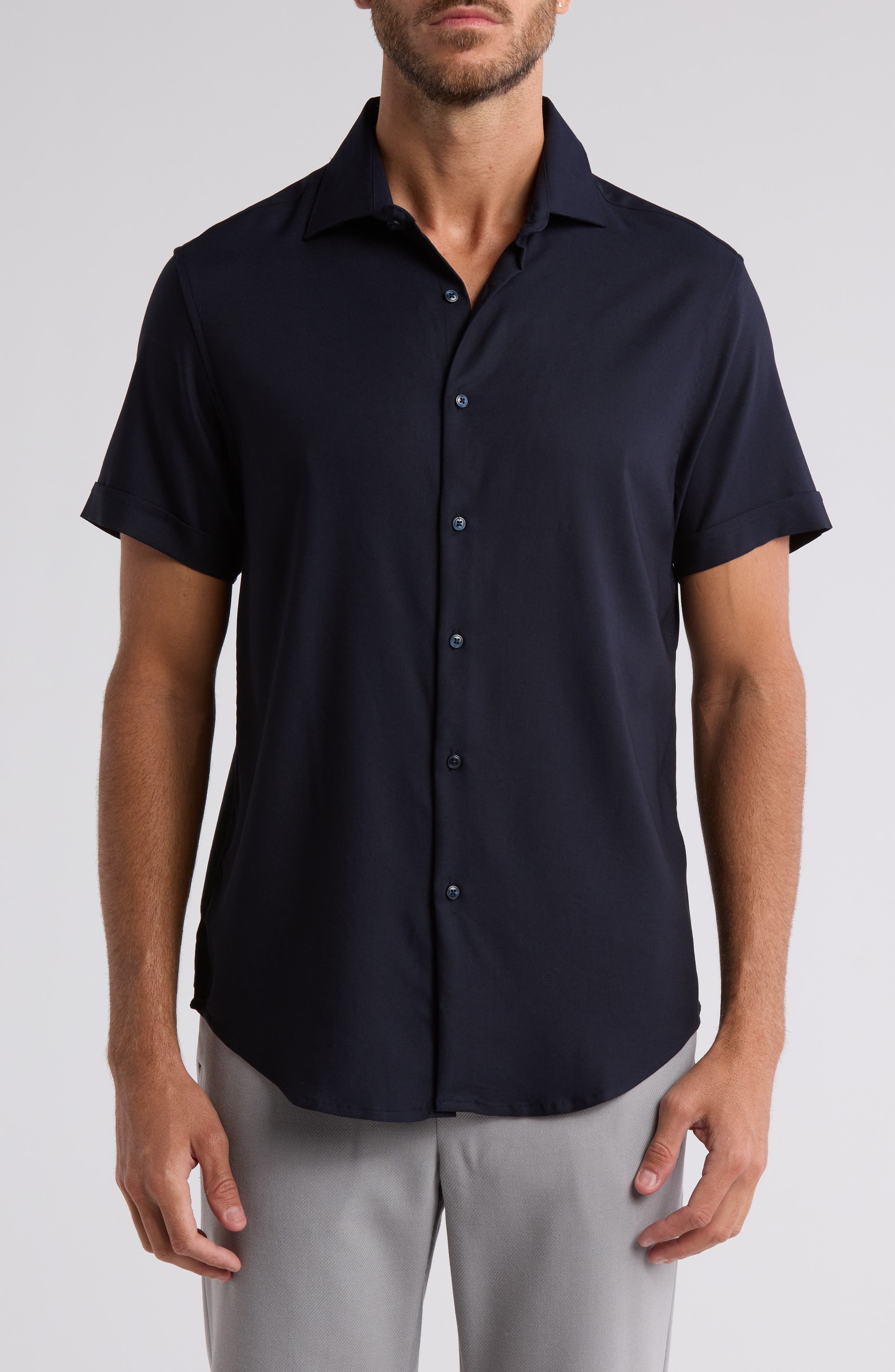 DENIM AND FLOWER Solid Short Sleeve Button-Up Shirt