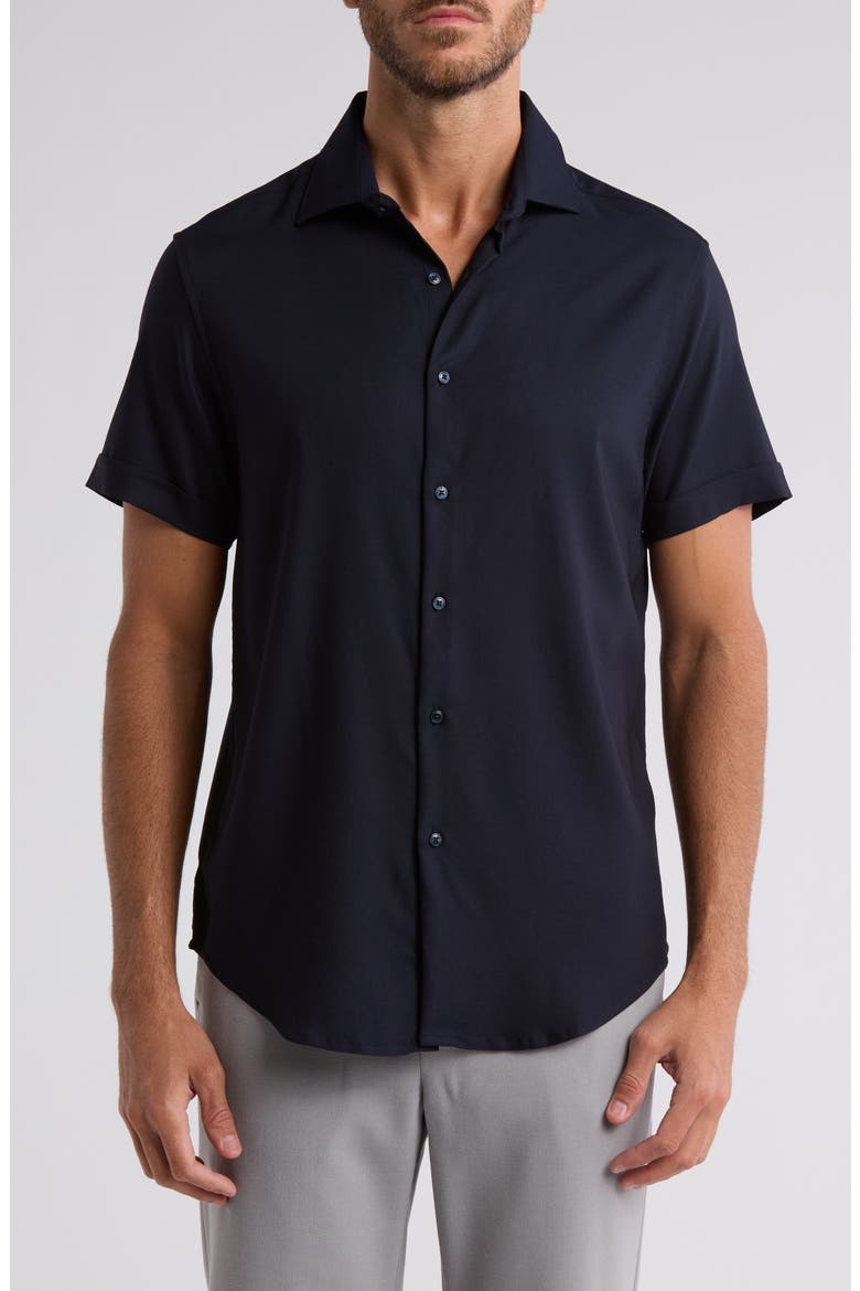 Solid Short Sleeve Button-Up Shirt, Main, color, NAVY