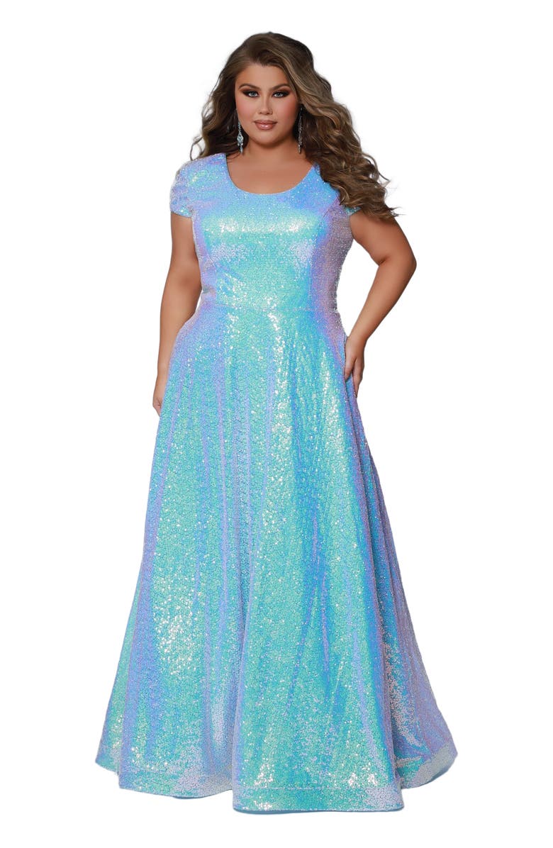 Sydney's Closet Sequin A-Line Scoop Neck Cap Sleeve Plus Size Gown, Main, color, 