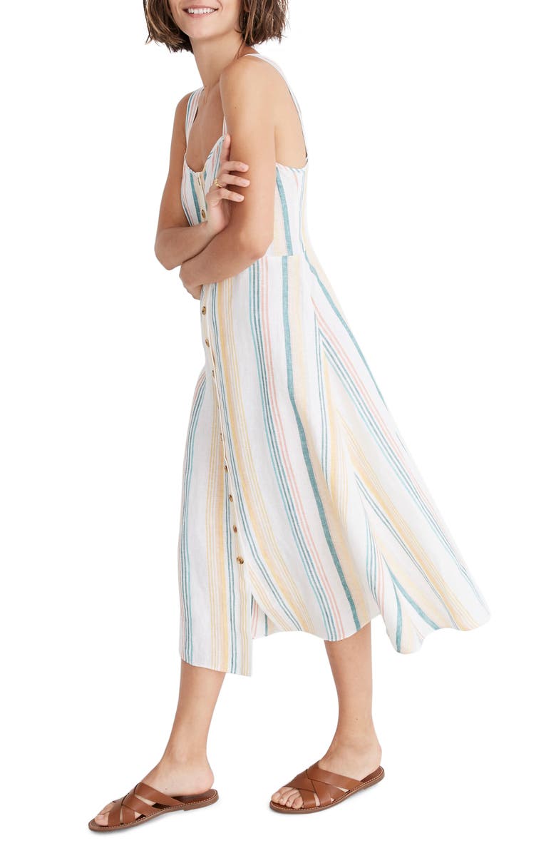 Madewell Rainbow Stripe Linen Midi Dress, Alternate, color,