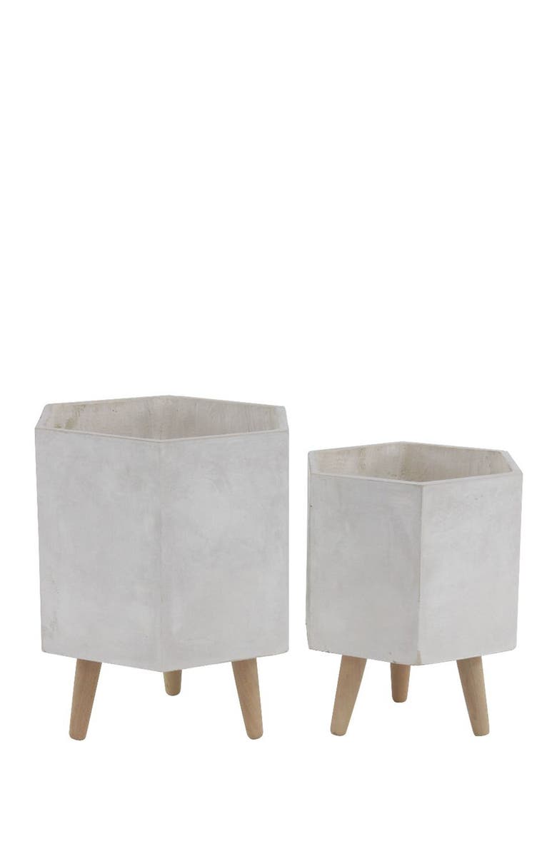 COSMO BY COSMOPOLITAN White Magnesium Oxide Contemporary Planter with Wood Legs - Set of 2, Main, color, White