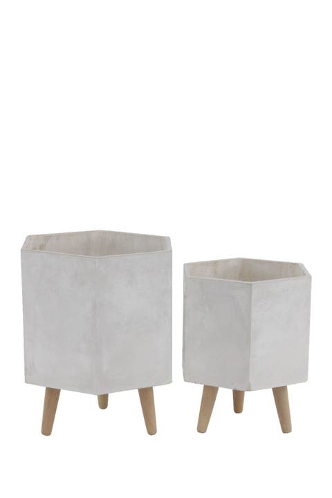 White Magnesium Oxide Contemporary Planter with Wood Legs - Set of 2