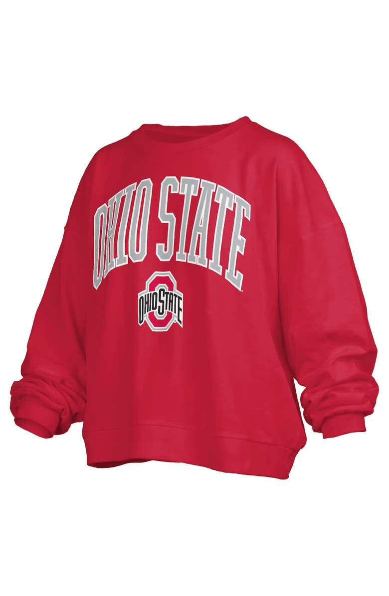 PRESSBOX Women's Pressbox Scarlet Ohio State Buckeyes Janise Arch Over Logo Waist Length Oversized Pullover Sweatshirt, Alternate, color, Scarlet