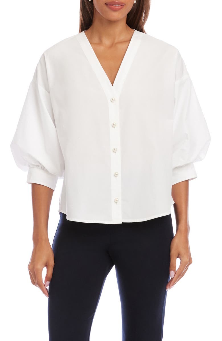 Karen Kane Lantern Sleeve Cotton Button-Up Shirt, Main, color, Off White