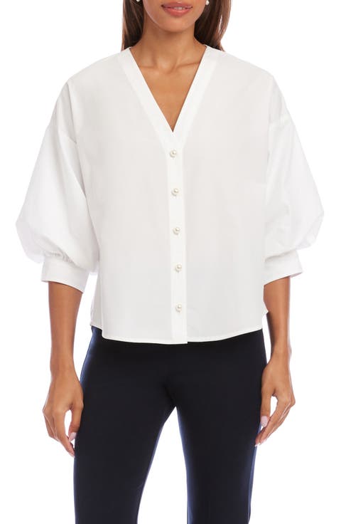Lantern Sleeve Cotton Button-Up Shirt (Petite)