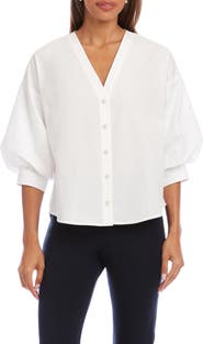 Karen Kane Lantern Sleeve Cotton Button-Up Shirt