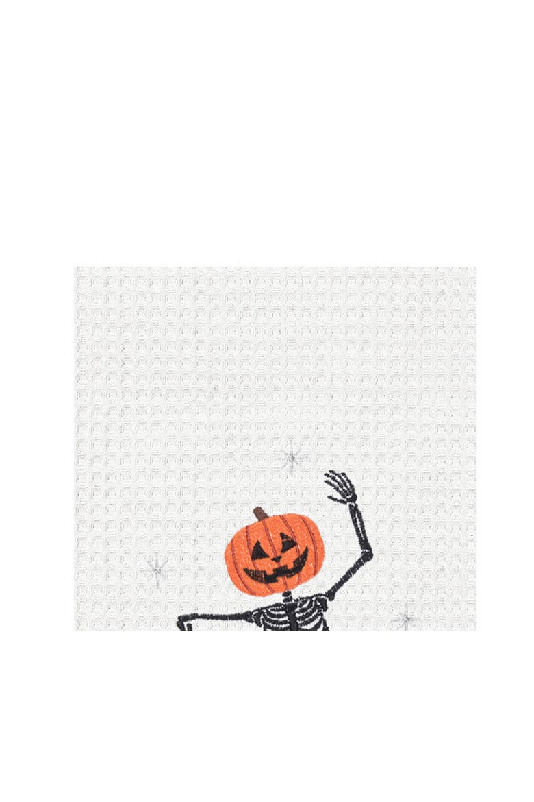 Dancing Jack O' Lantern Skeleton Halloween Embroidered 100% Cotton Waffle Weave Kitchen Dishtowel, Alternate, color, Orange