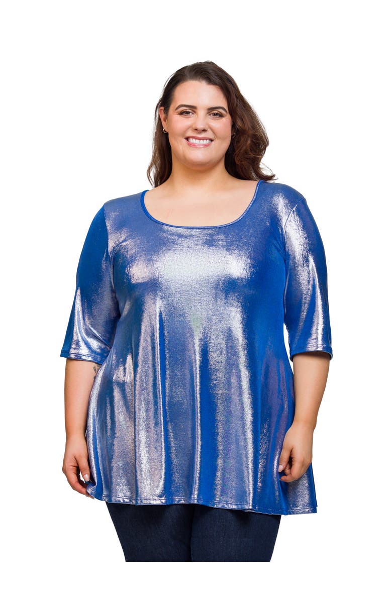 24seven Comfort Apparel Metallic Scoop Neck Flared Tunic Top, Main, color, Blue