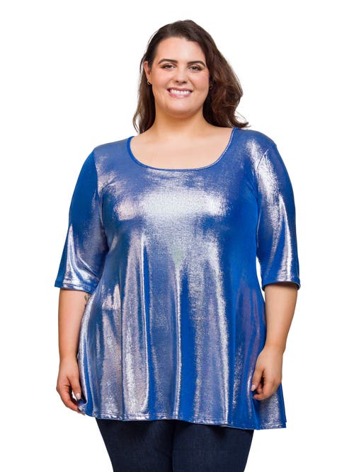 24seven Comfort Apparel Metallic Scoop Neck Flared Tunic Top In Blue