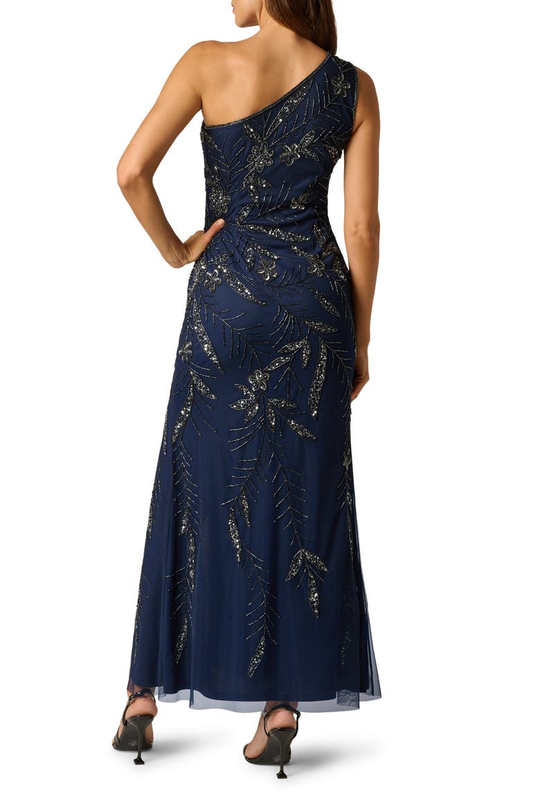 3D Beaded & Sequin One-Shoulder Gown, Alternate, color, LIGHT NAVY