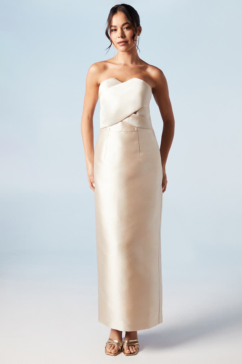 Bandeau Twill Bow Back Bridesmaids Dress, Main, color, Champagne