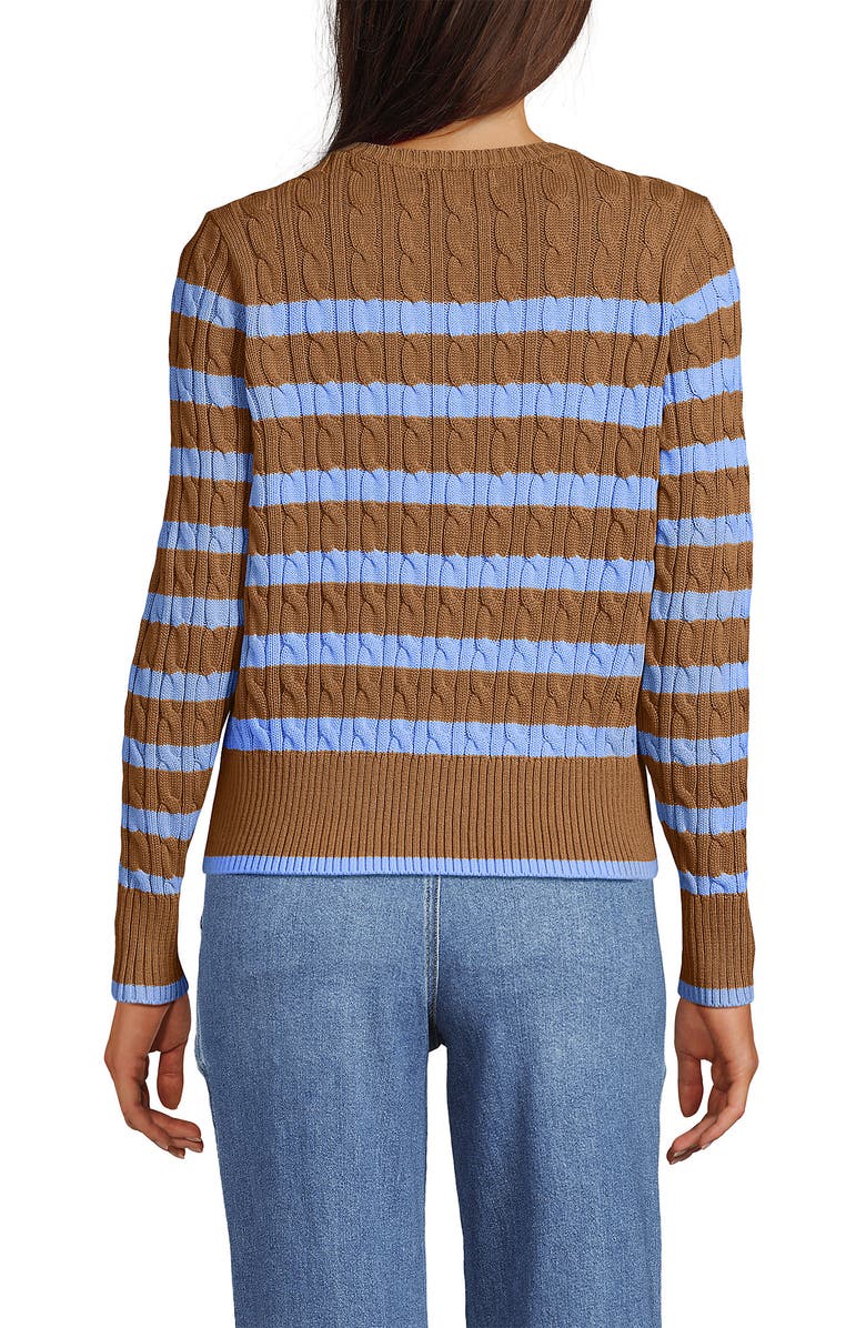 Lands' End Drifter Modern Cable Crew Sweater, Alternate, color, Canyon Camel/Blue Stripe