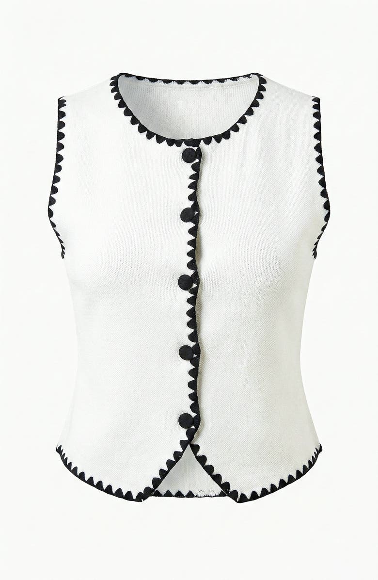 Knit & Lounge Sleeveless Sweater Vest with Button Front and Contrast Trim, Alternate, color, Black, White, Beige