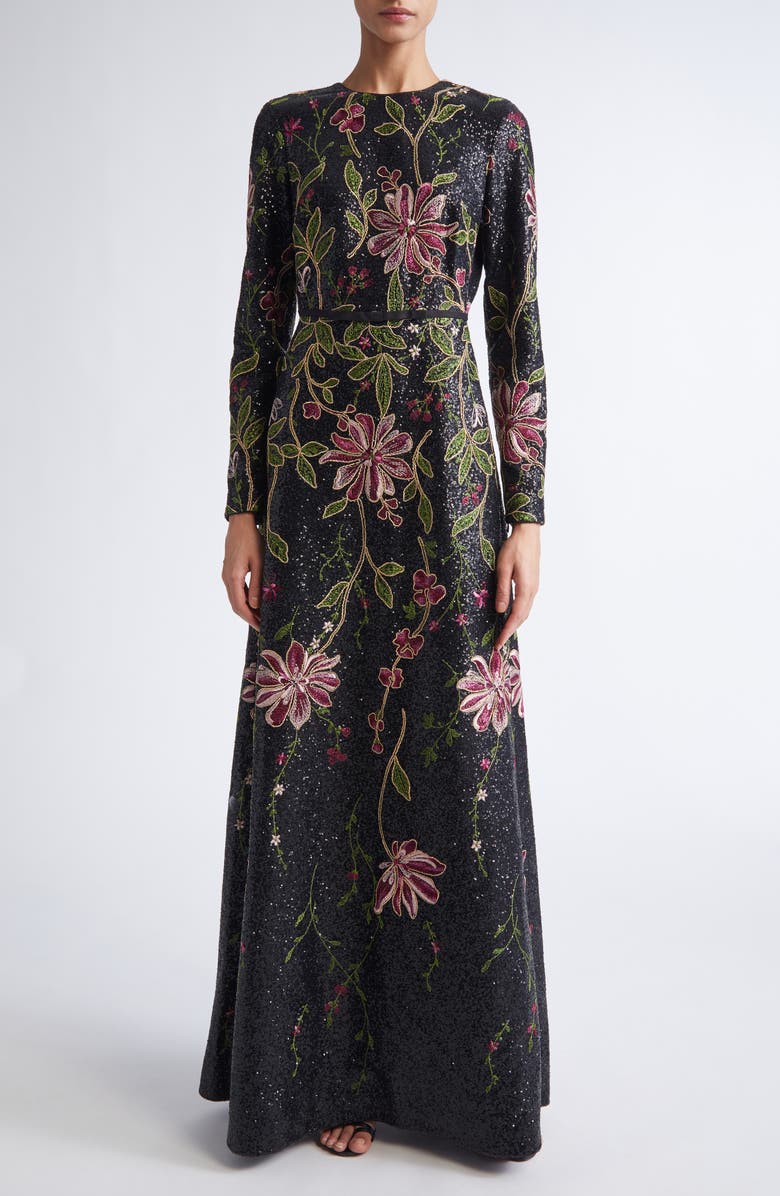 Giambattista Valli Black Flower Screen Long Sleeve Sequin Dress, Main, color, 