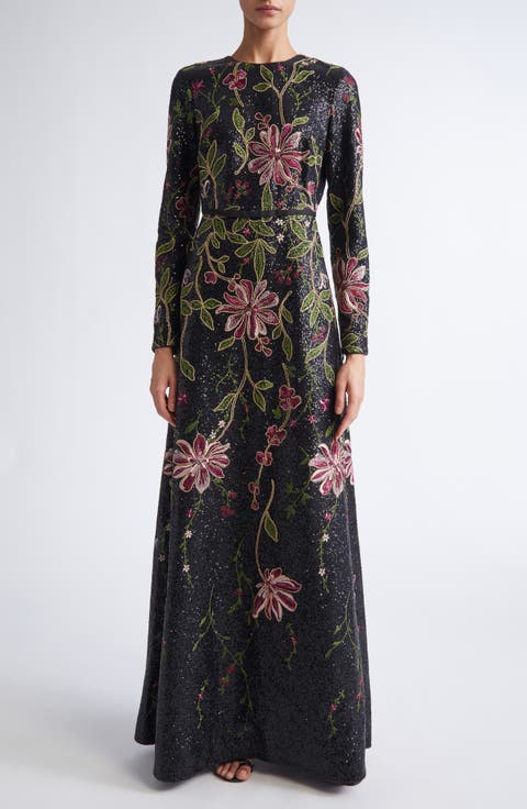 Black Flower Screen Long Sleeve Sequin Dress