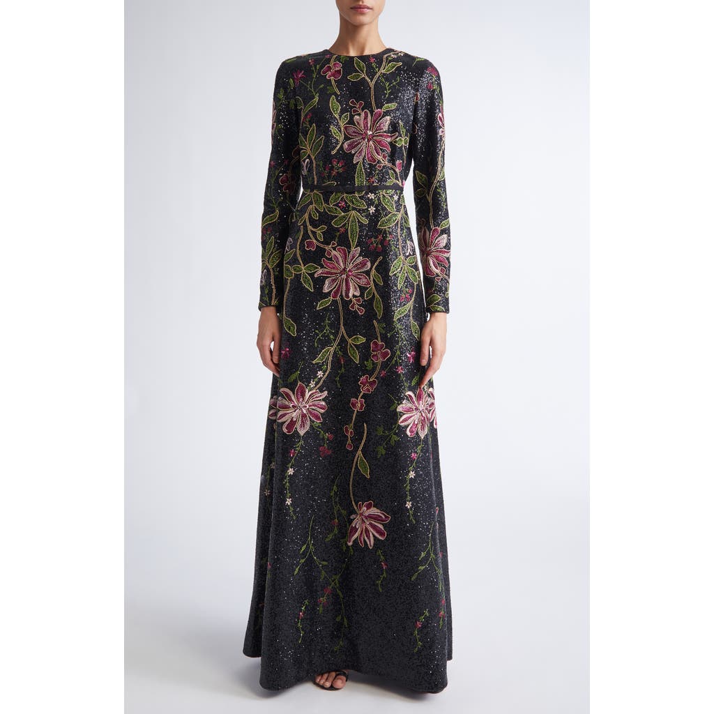 Giambattista Valli Floral Sequined Long-sleeve A-line Gown In Multi