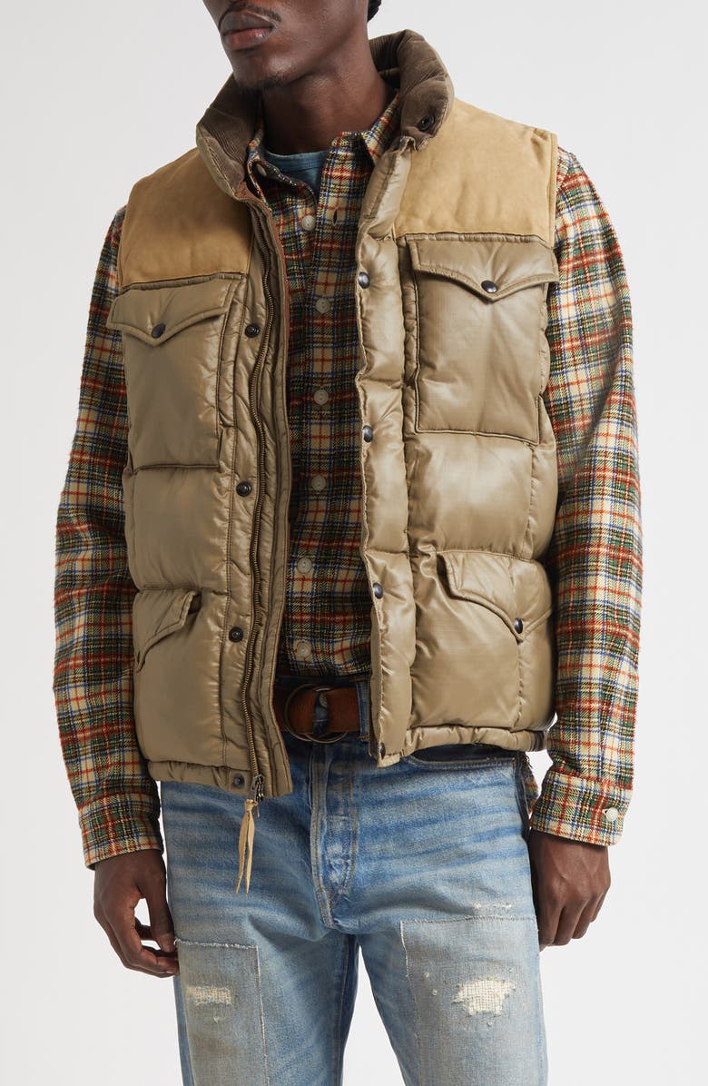 Double RL Leather Yoke Recycled Nylon Ripstop Puffer Vest, Main, color, Vintage Olive