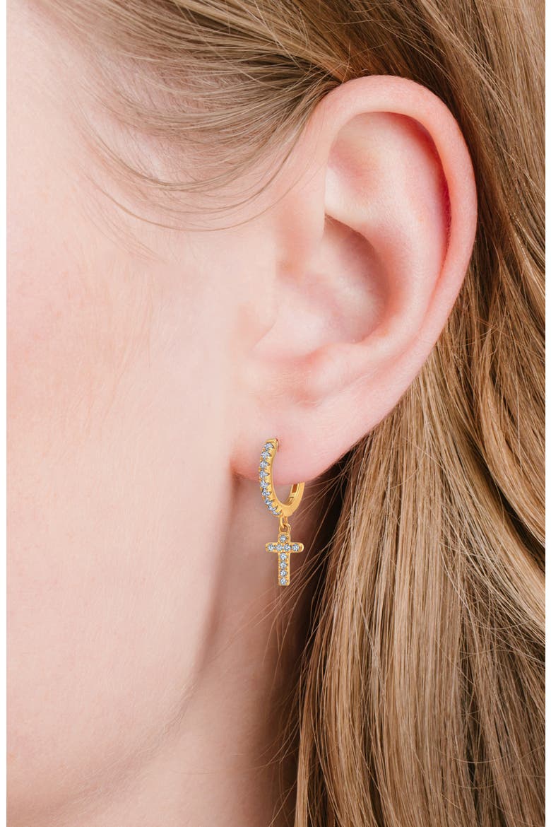 Pavé Cross Huggie Hoop Earrings, Alternate, color, 18KYG/ CLEAR STONE