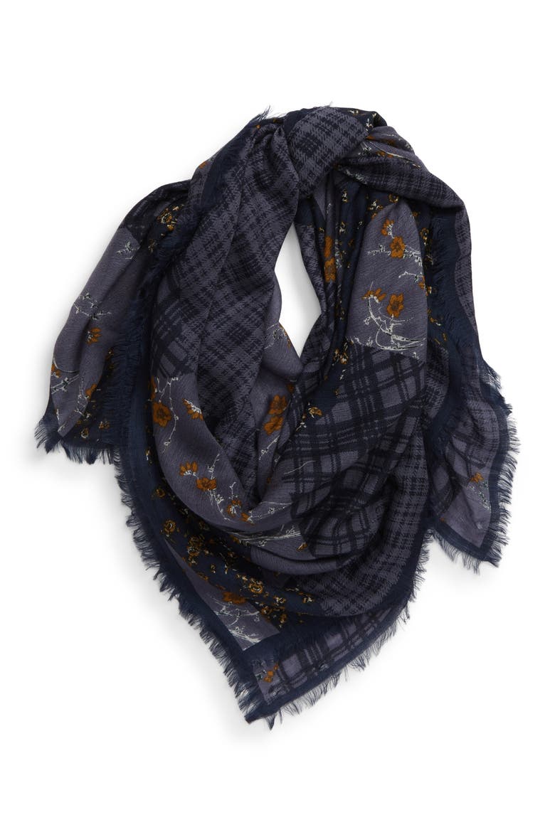 Print Wool Scarf, Alternate, color, BLUE FLORAL MIX PRINT