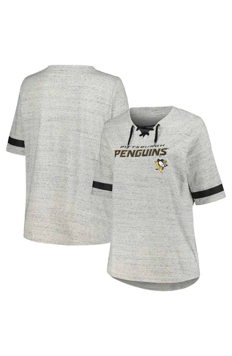 FANATICS Women's Fanatics Branded Heather Gray Pittsburgh Penguins Plus Size Lace-Up  T-Shirt, Main, color, Heather Gray